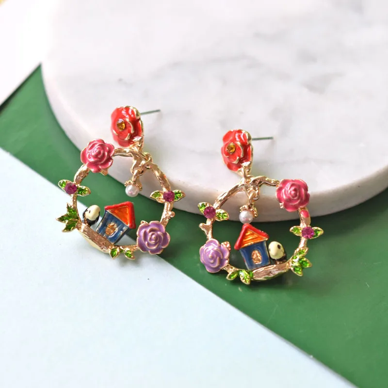 Женские серьги подвески с эмалью многоцветная гирлянда цветами и