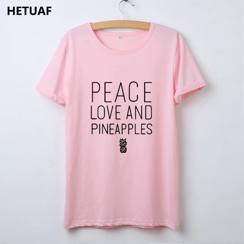 HETUAF Женская хлопчатобумажная рубашка Peace Love и ананасы Графический Футболка Femme