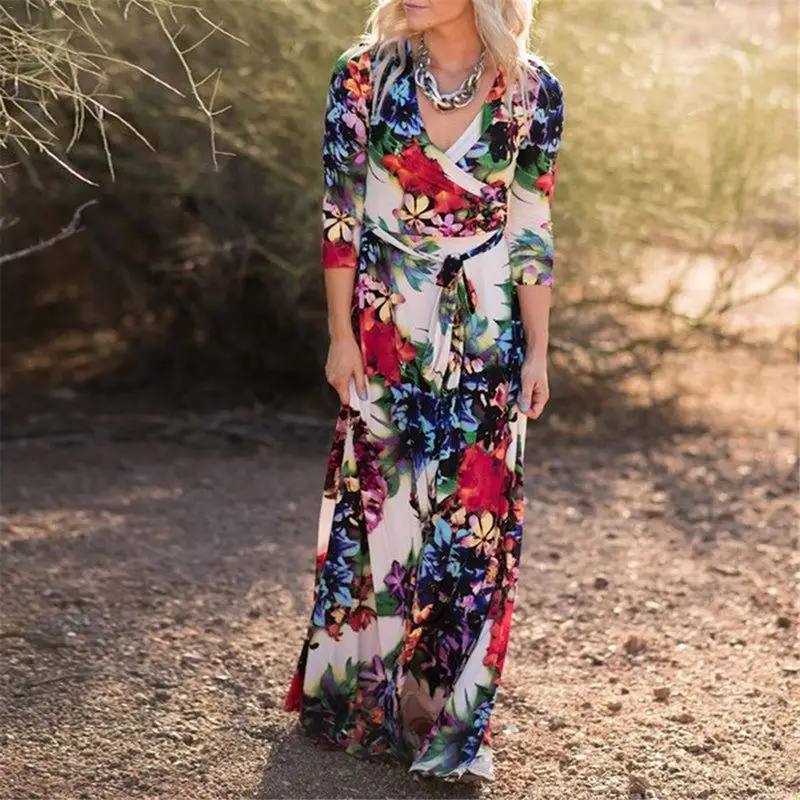 2019 Summer Women Long Floral Print Beach Dress Sexy V-neck Slim Fit Short Sleeve Evening Party Belt | Женская одежда