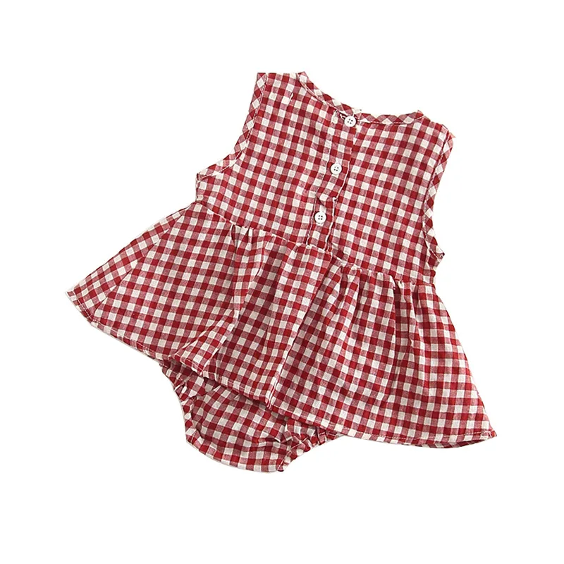 New 0-3T Baby Kids Rompers knitted baby clothes Summer newborn romper cotton children female plaid sleeveless skirt |