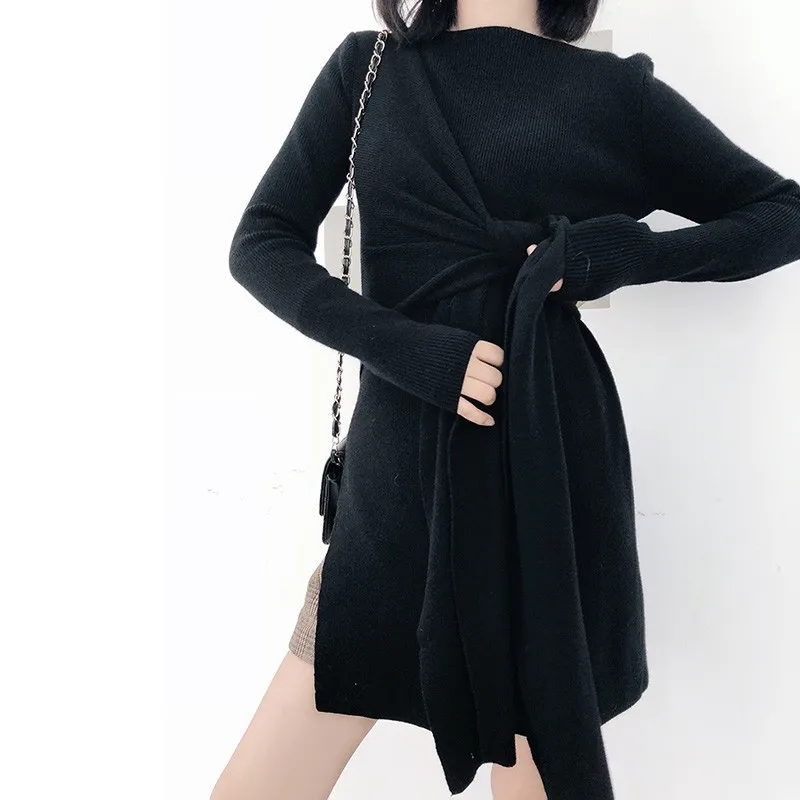 TWOTWINSTYLE Knitting Pullover Tops Female O Neck Long Sleeve Bandage Side Split Sweater Women Casual Fashion 2020 Spring New | Женская