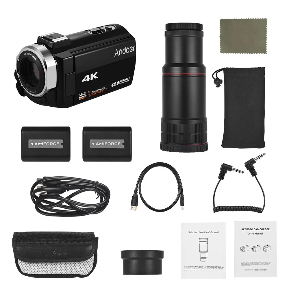 Andoer 4K HD Цифровая видеокамера DV 16X цифровой зум с 2 шт. батареями + Стерео