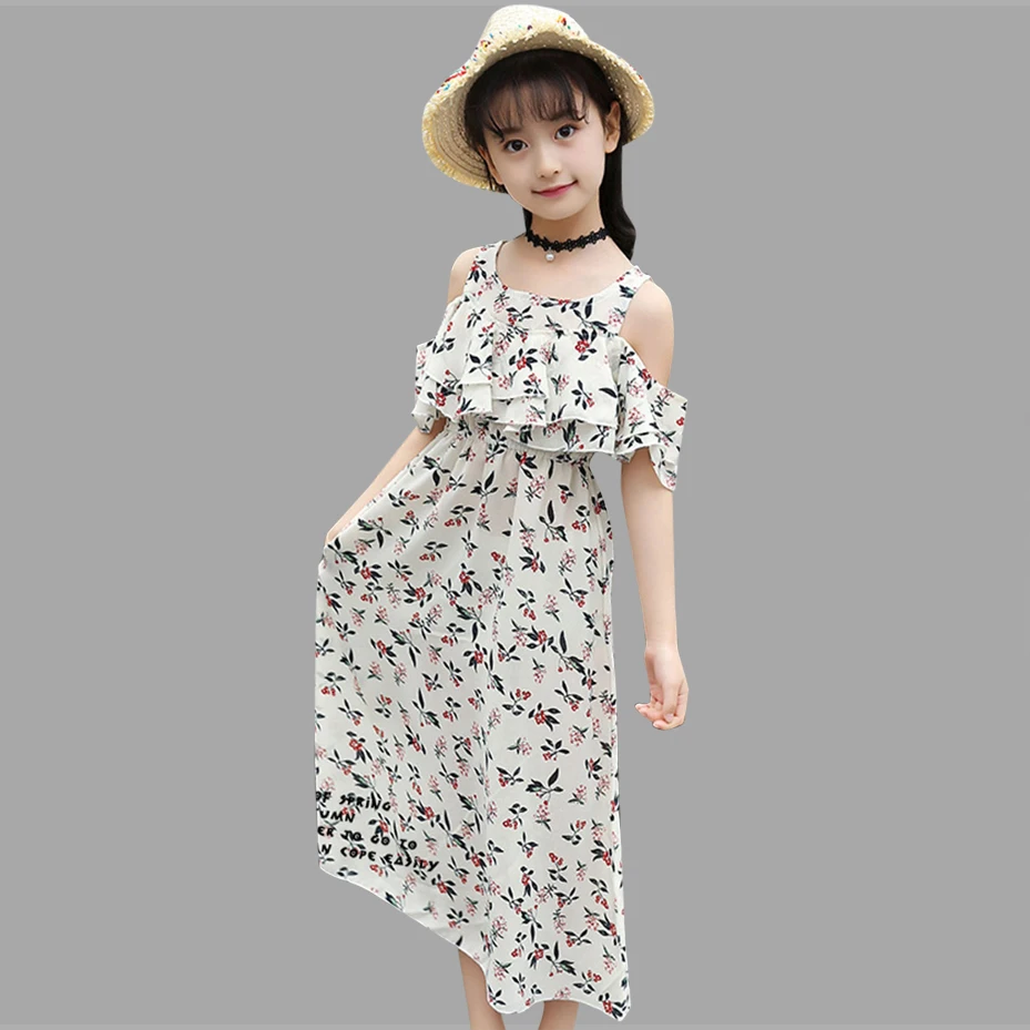 

2021 new summer dress girl beach strapless kid dress long flower children's clothing teenage girl clothes 4 6 8 10 12 13 years