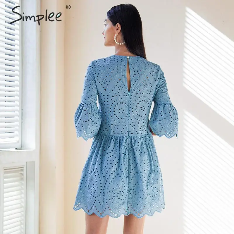 Женское ажурное хлопковое платье Simplee вышитое трапециевидное белое летнее бохо с