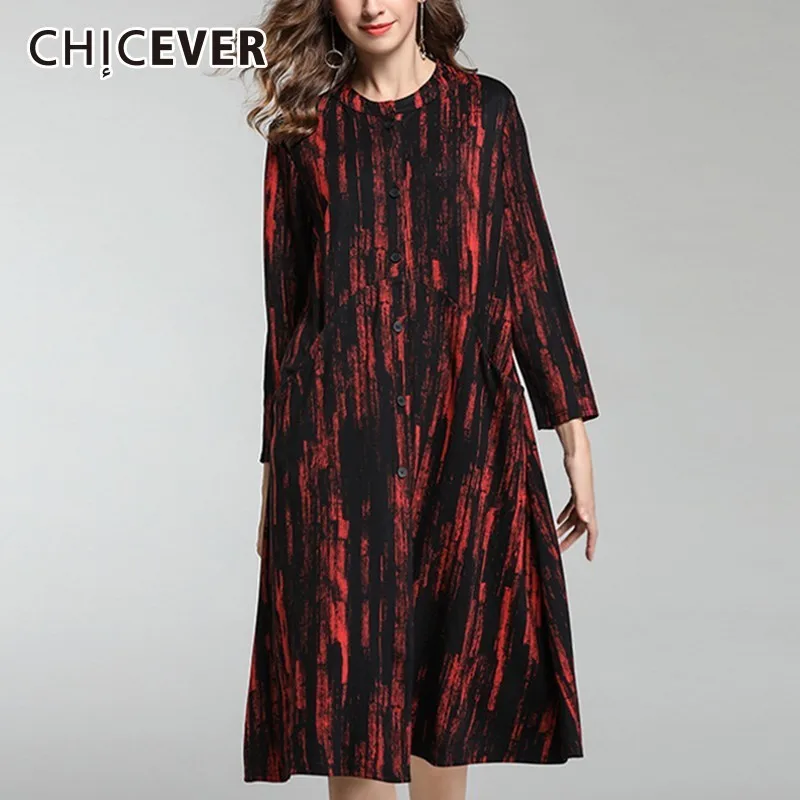 CHICEVER/Полосатые платья с принтом для женщин длинным рукавом и стоячим воротником
