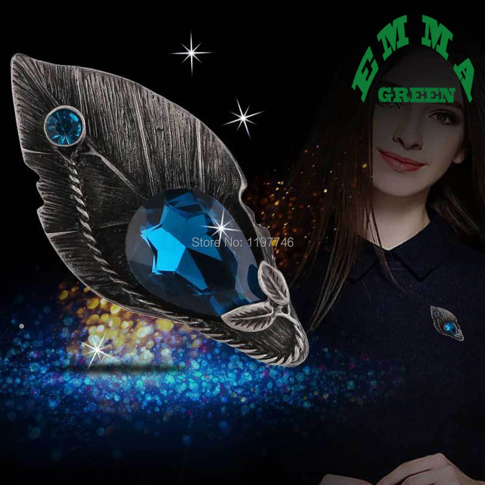 Romantic Retro Metal Leaf Shape Blue Crystal Brooch Pin Vintage Natural Jewelry Corsage Accessories For Women Fit Wedding Party | Украшения