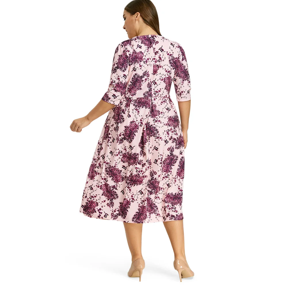 2019 Весна Женщины A Line Midi Dress Плюс Размер Цветочный Принт 3/4 Длина Рукава Осень