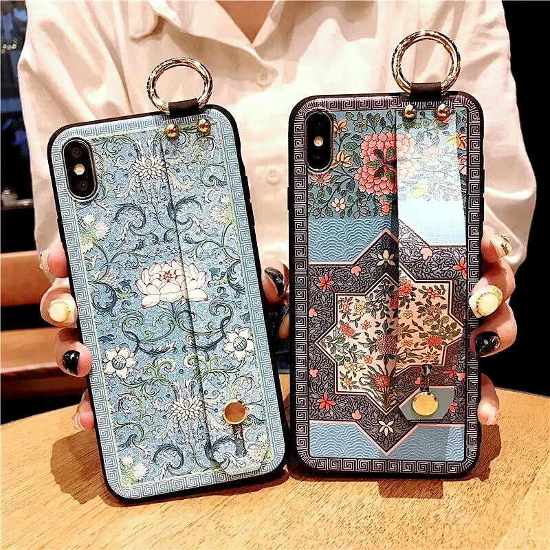 Flowers Wrist Strap Soft Tpu Phone Case For iphone 7 6 8 Plus X Xs Max Xr Flower Embroidery Pattern Cover | Мобильные телефоны и