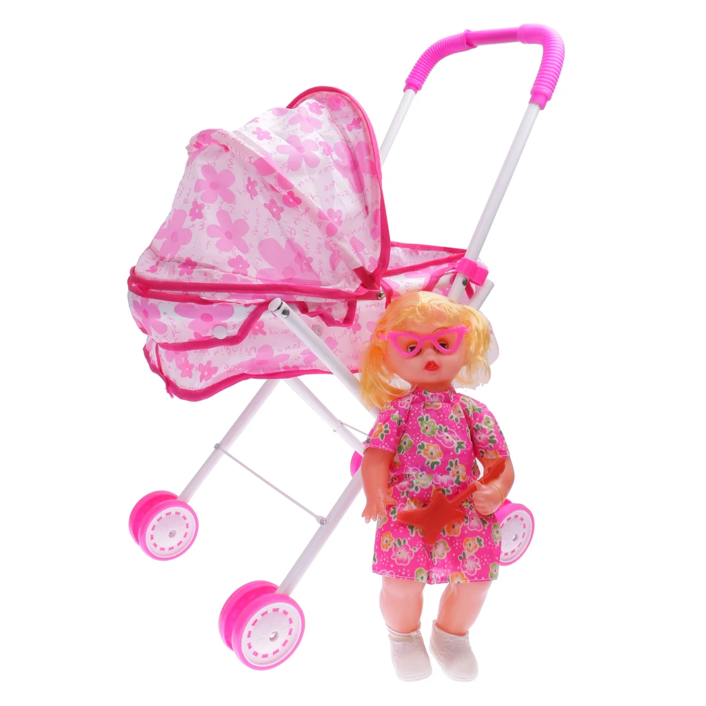 

Baby Doll with Stroller Pram Buggy Girls Junior Toy Foldable Pushchair Kid Toy