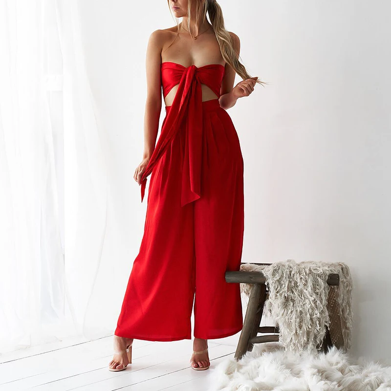 Summer red sexy strapless casual wide-legged pants suit Multi-way to wear party dress One shoulder 2019 S M L XL | Женская одежда