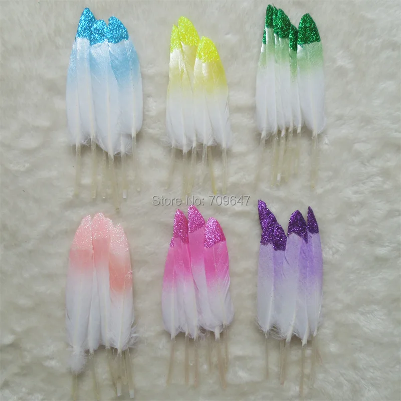 

30Pcs/Lot!10-15cm Glitter Tipped White Goose Feathers,Yellow/Purple/Rose/Pink/Green Glitter,Wedding Decorations,Plumas