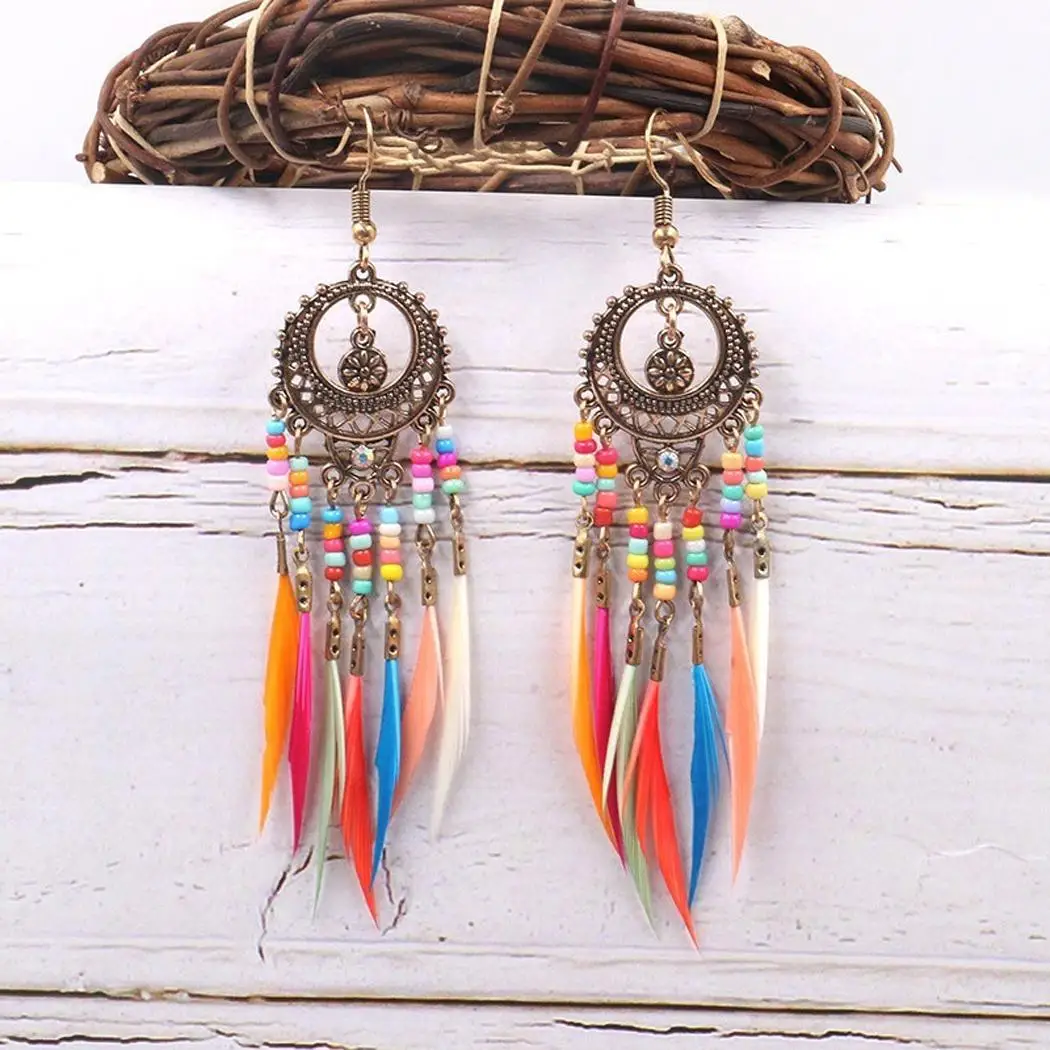 Women Fashion Hollow Out Geometric Hook Pendant Pierced Dangle Feather Gold Silver Earrings Bead Casual | Украшения и аксессуары