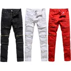 Модные мужские узкие джинсы для колледжа, модельные прямые джинсы на молнии, рваные джинсы, черные белые красные джинсы