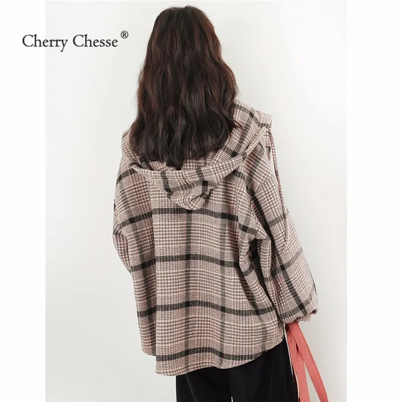Cherry Chesse плед Для женщин с капюшоном Блузка Кнопка свободную рубашку женский
