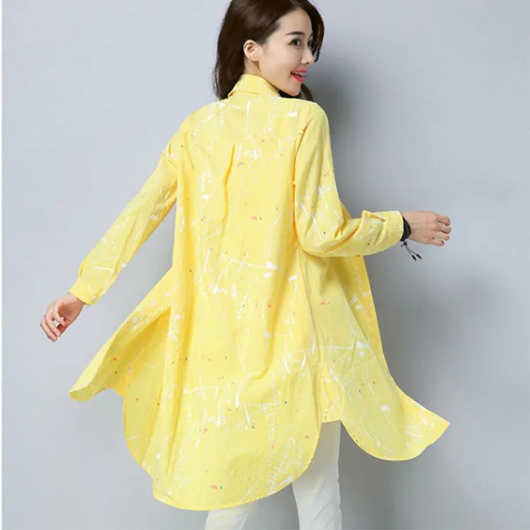 Print Casual Loose Long Blouses Women Sleeve Cotton Linen Shirt Spring Turn-down Collar Thin Tops |