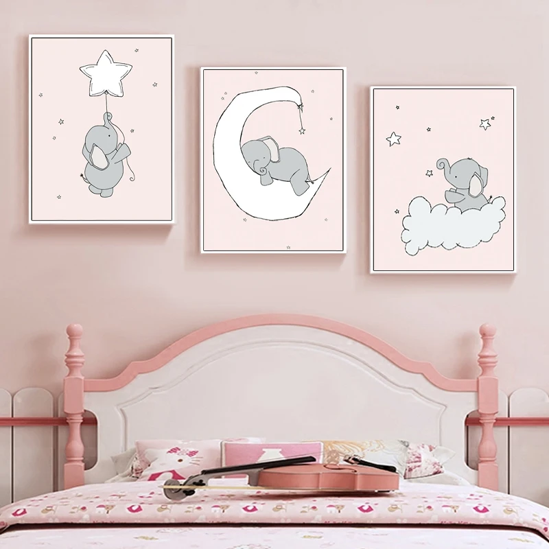 

Elephant Moon and Stars Nursery Wall Art Canvas Posters Prints Cartoon Painting Nordic Kids Decoration Picture Bedroom Decor