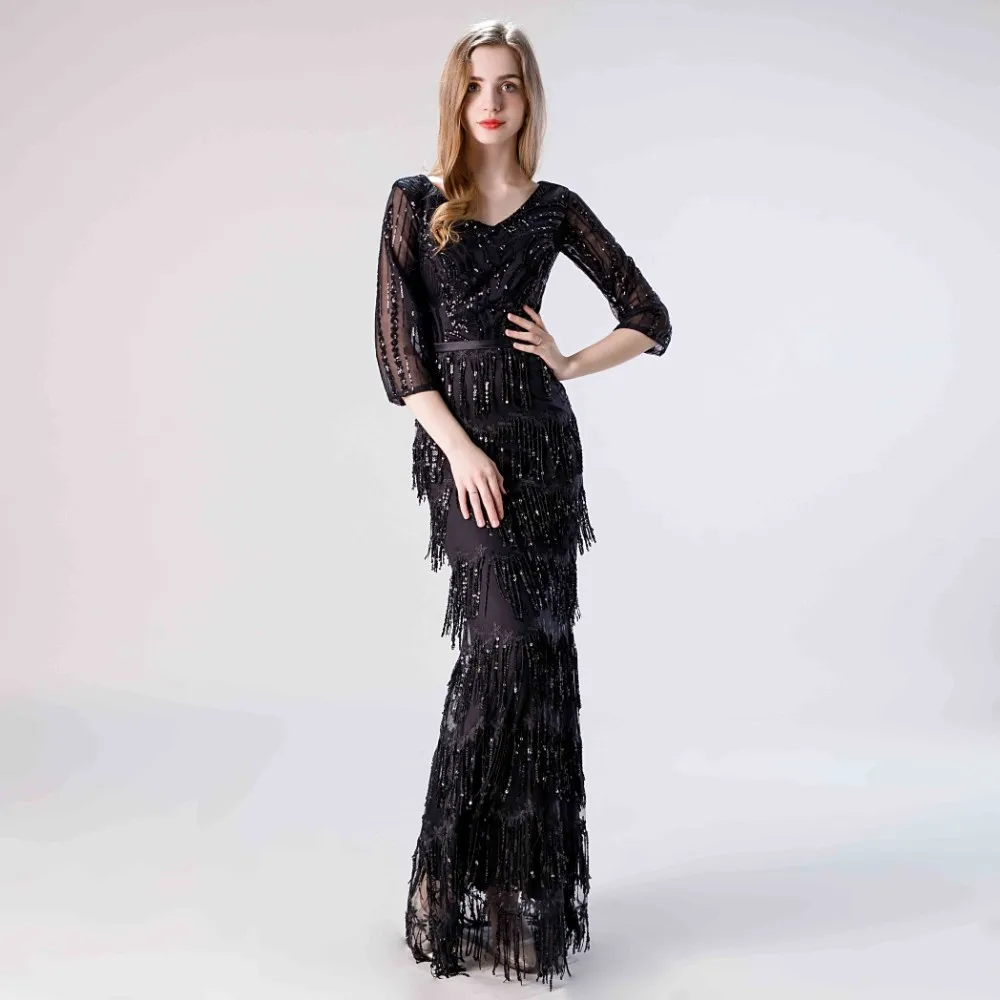 Винтажное черное платье с блестками и двойным треугольным вырезом Vivian's Bridal