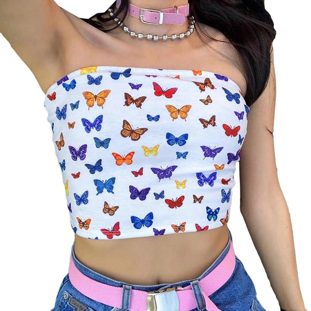 2019 пикантные разноцветные бабочки печати майки Лето для женщин без бретелек Slash