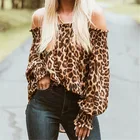 Женская футболка с леопардовым принтом, весна-осень 2019, свободная повседневная футболка с длинным рукавом и открытыми плечами, элегантные шикарные футболки, топы