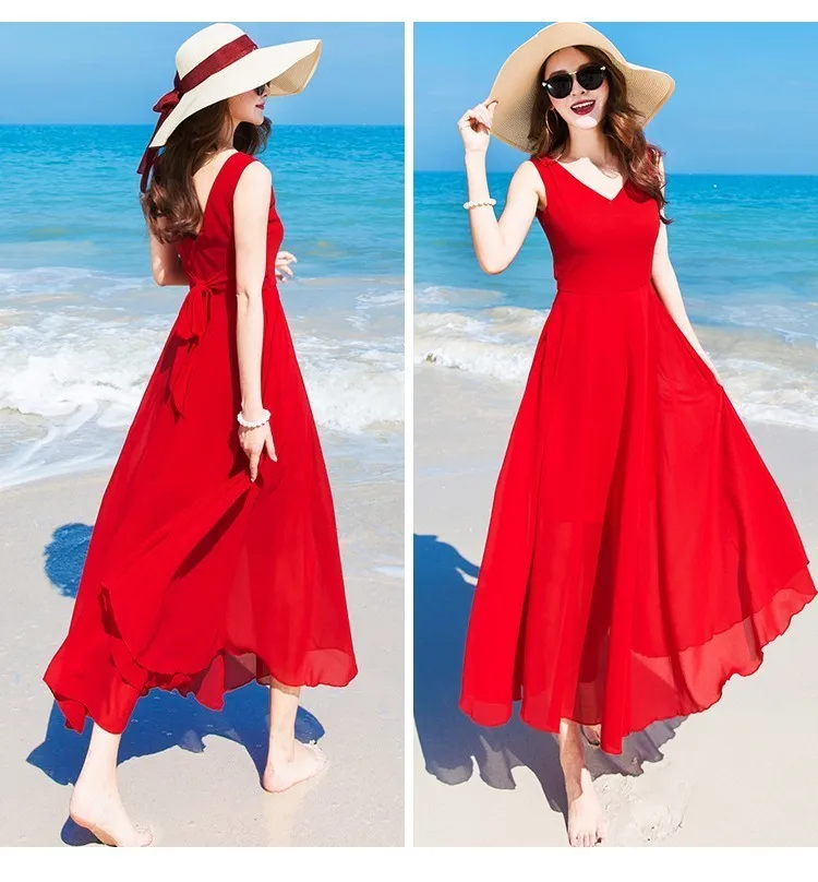 Women Summer Beach Dresses Long Red Chiffon Dress Sleeveless Slim Sexy Holiday One Piece 2019 New AS260 | Женская одежда