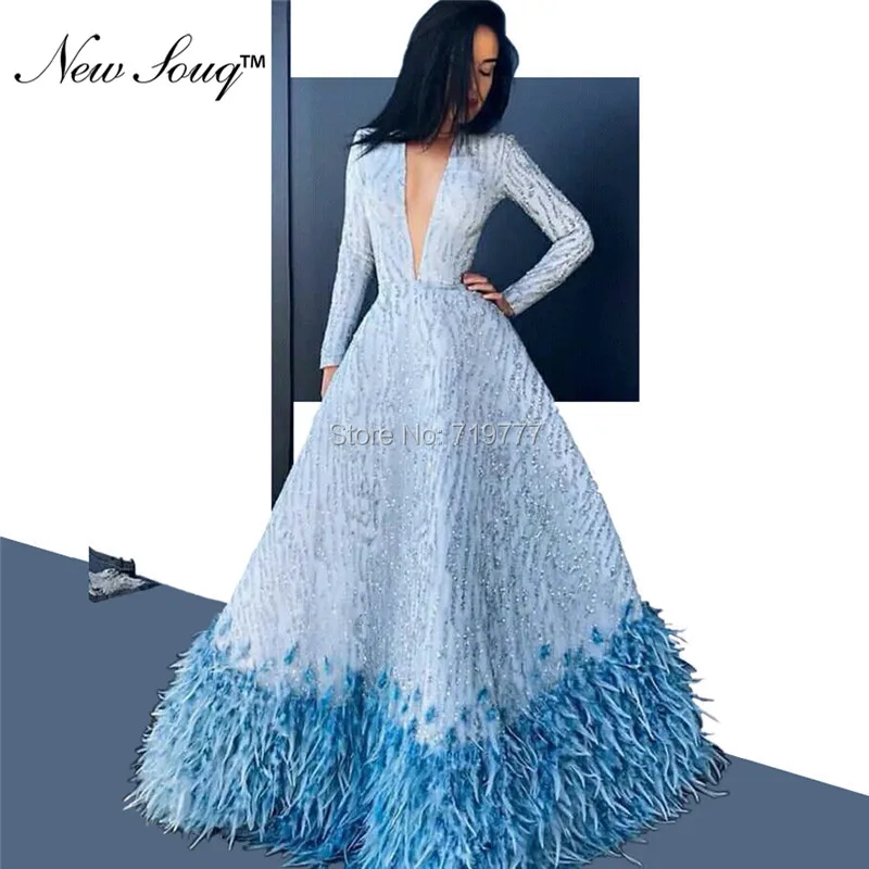

Feather Evening Dress Long Sleeves Arabic Party Gown Formal Vestidos Robe De Soiree Abendkleider Caftan Pageant Gowns Prom Dress