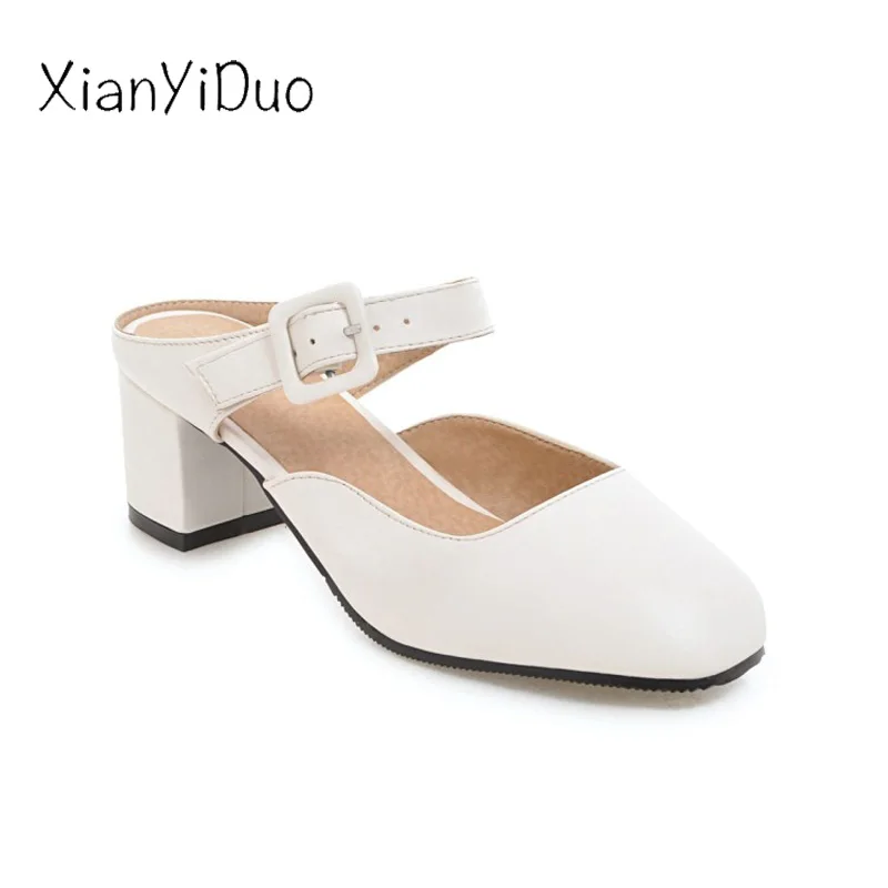 XianYiDuo/Новинка лета 2019 женская обувь шлепанцы на среднем каблуке большие размеры