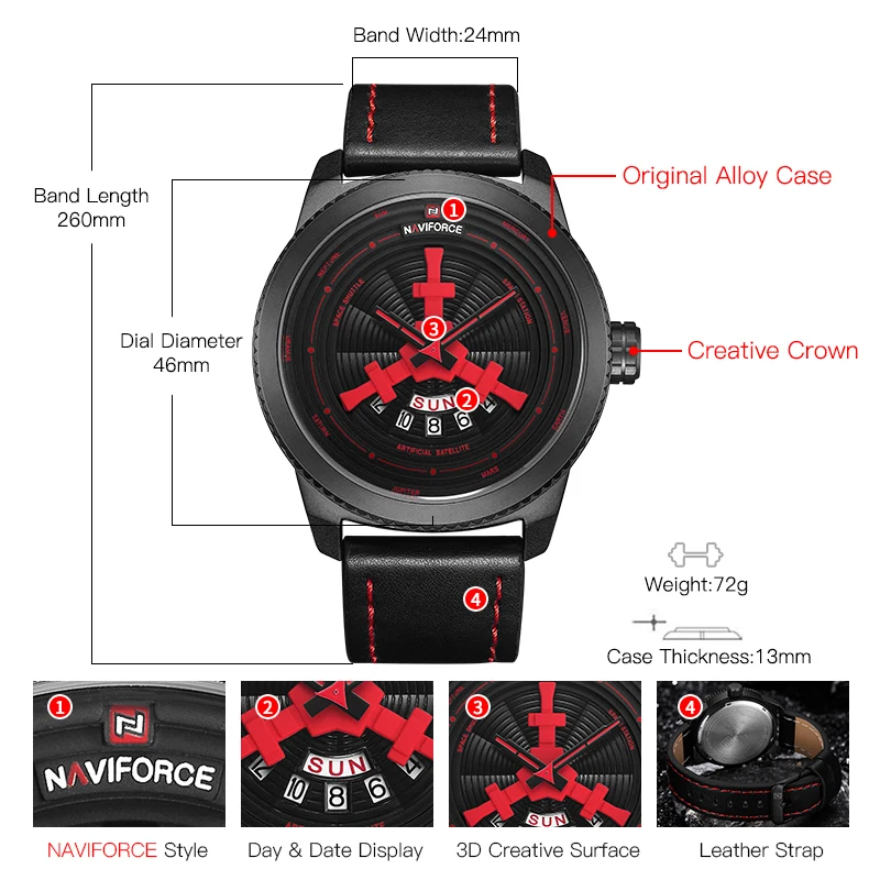 NAVIFORCE Men Quartz Sports Watches Waterproof Fashion Military Leather Wristwatches Date For Male Clock Day Relogio Masculino | Наручные
