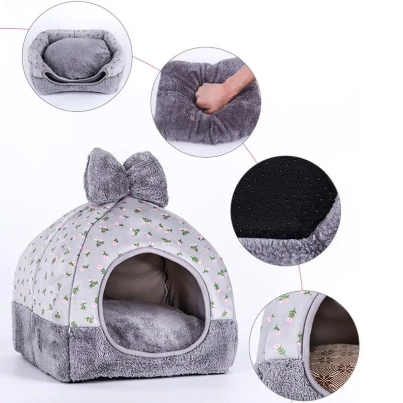 Складной кошка собака Питомник теплый мягкий валик с милым бантом Губка Pet House