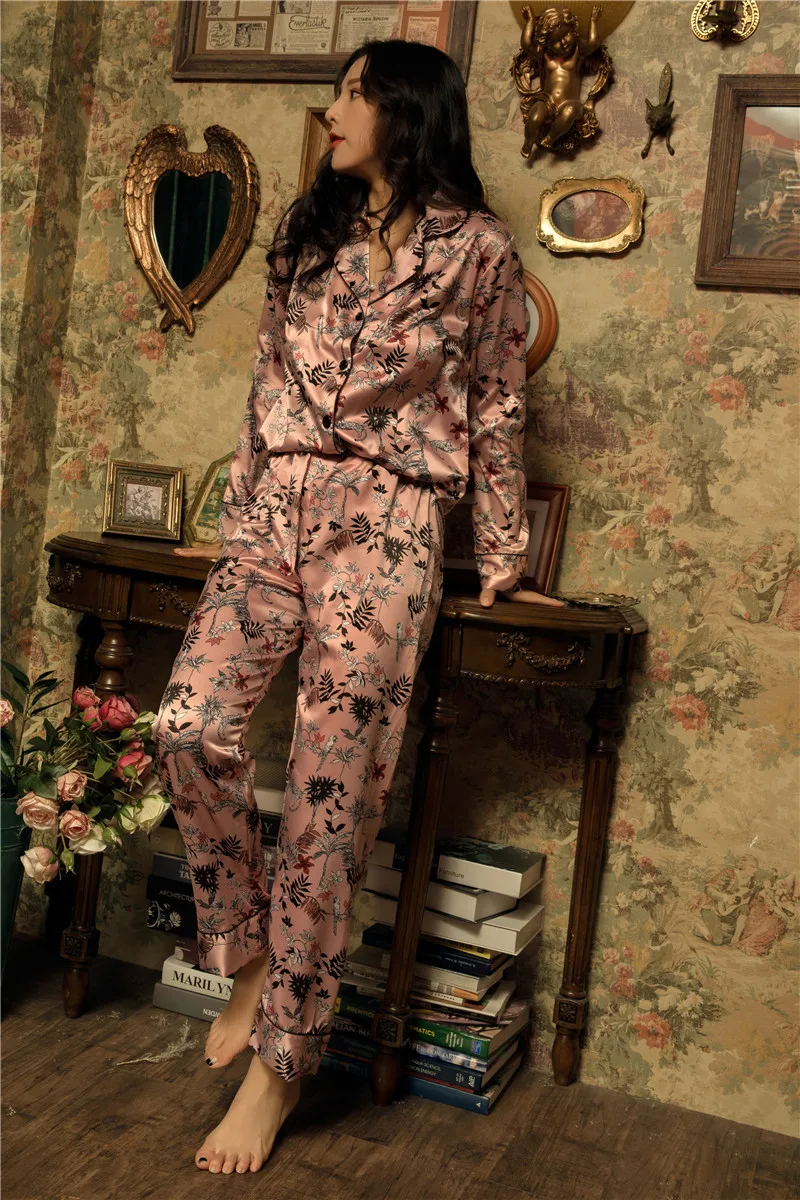 Атласная пижама для женщин с цветочным принтом пижамные комплекты 2019