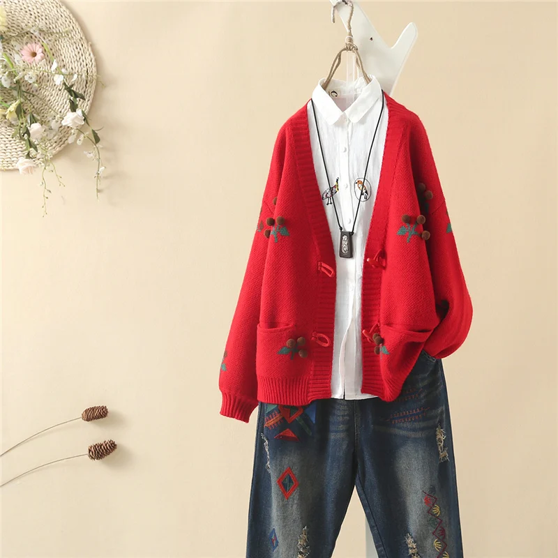 Women's Beige/Red Knitted Cotton Fruit Embroidery Mori Girl Loose Cardigan Sweater |