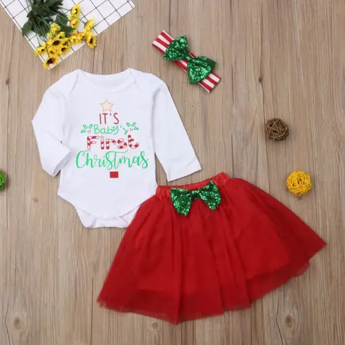My First Christmas Baby Girls Clothes Infant Outfit Romper Tutu Skirts Headband 3PCS Set | Мать и ребенок