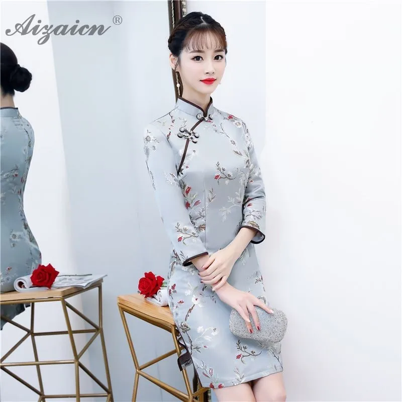 Зима Cheongsam Katoen девушка с длинным рукавом в китайском стиле Стиль платье Ципао из