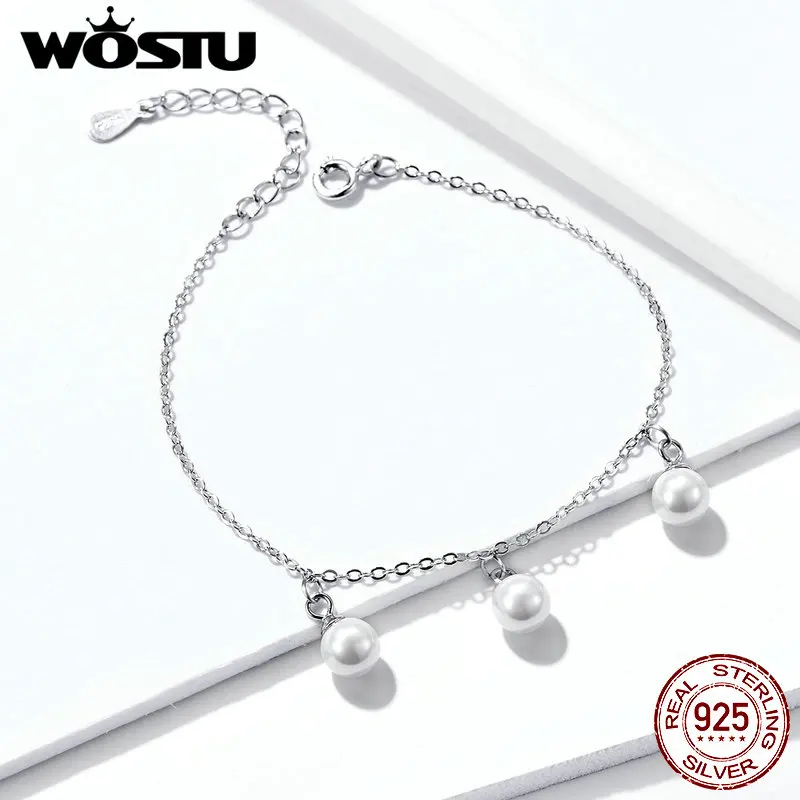 WOSTU, классические браслеты с пресноводным жемчугом, 925 пробы, серебряная цепочка для женщин, для свадебной вечеринки, серебряные 925 ювелирные изделия CQB132