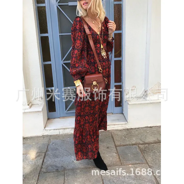 Fashion Long Sleeve Bohemian Maxi Dresses for Women Print Office Lady Summer Beach V Neck Vestidos | Женская одежда