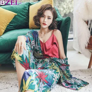 Кленовый оставьте весенне-осенний женский пижамный комплект из 3 предметов Комплект для сна повседневная одежда для сна хлопковая винтажная Домашняя одежда с V-образным вырезом
