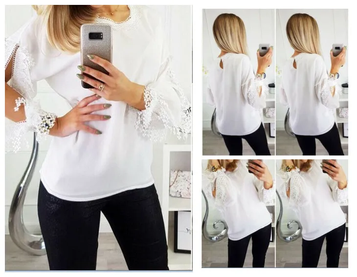 

2019 Hot New Women Summer Loose Casual Chiffon Solid Color Long Sleeve Lace Tops Blouse