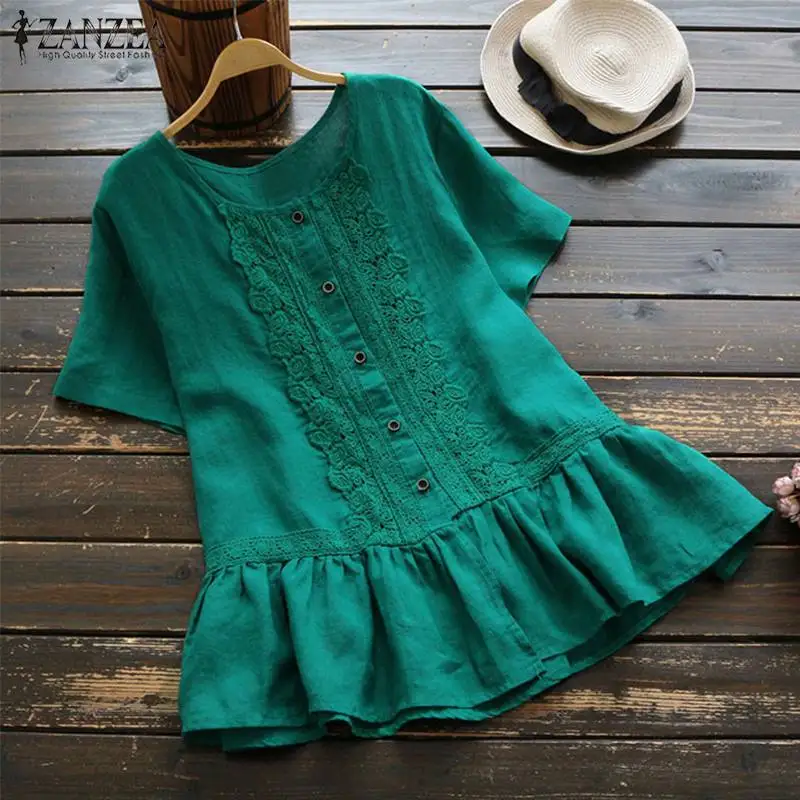 ZANZEA 2021 Summer Vintage Tops Women Short Sleeve Ruffles Blouse Casual Buttons Down Solid Shirt Femme Lace Blusas Top | Женская одежда