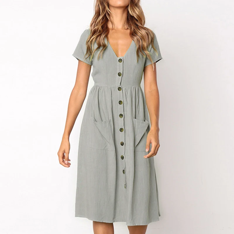 

Elegant Women Boho Dress Female Casual Summer Short Sleeve Dress New Fashion Lady Deep V-neck Button Midi Holiday Party Dresses