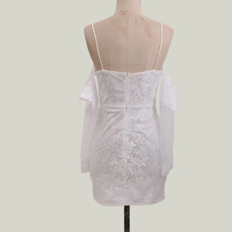 Белое Кружевное летнее короткое платье женское облегающее Сетчатое с длинным