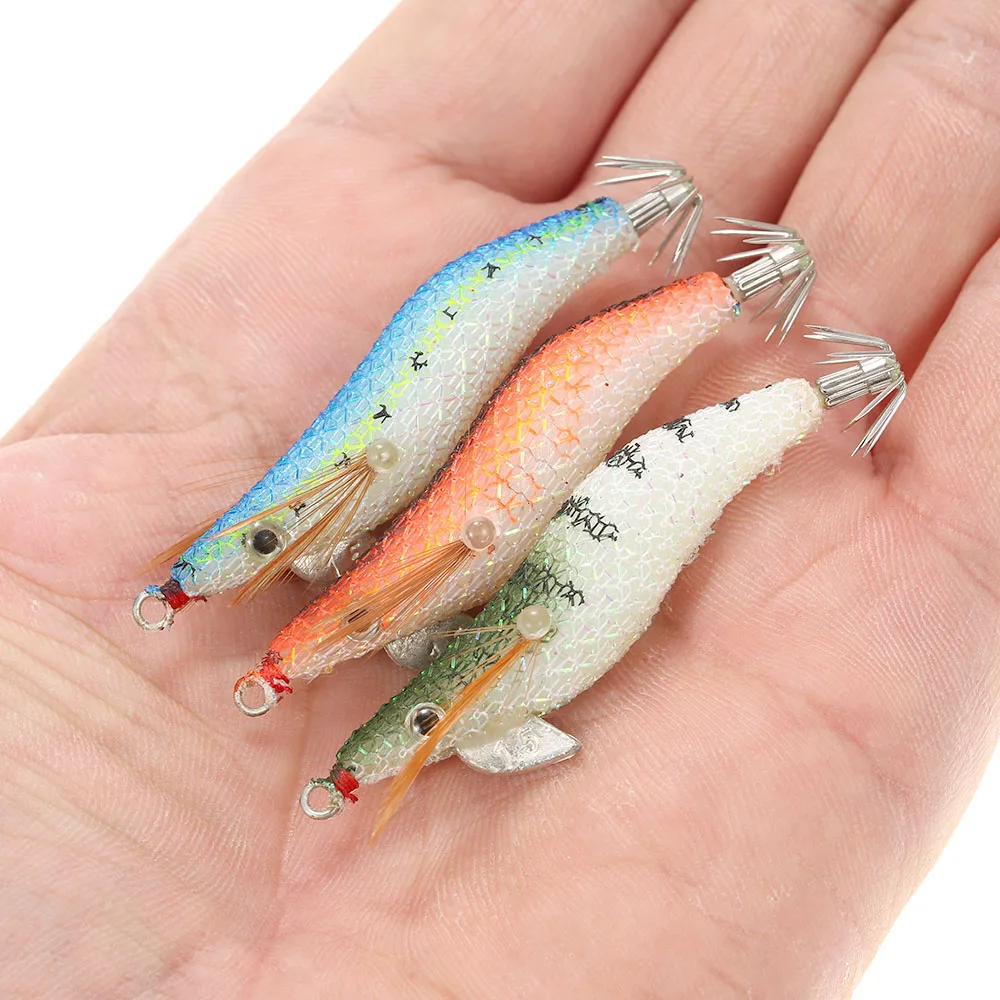 

5pcs/set Fishing Bait Set Shrimps Fishing Lures Kit Luminous Plastic Artificial Squid Fishing Baits with Hooks carbon steel