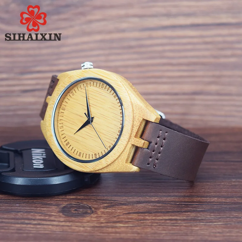 SIHAIXIN Роскошные бамбуковые деревянные часы мужские кварцевые Reloj Hombre кожаные