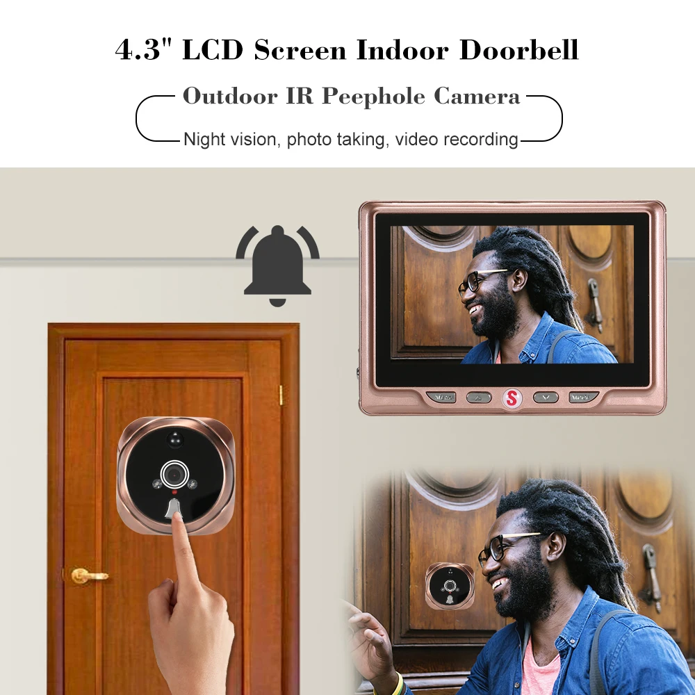 

4.3inch 120 Degree Angles Night Visible Peephole Viewer Doorbell Battery Operated(External) Door Viewer Door Bell Ring