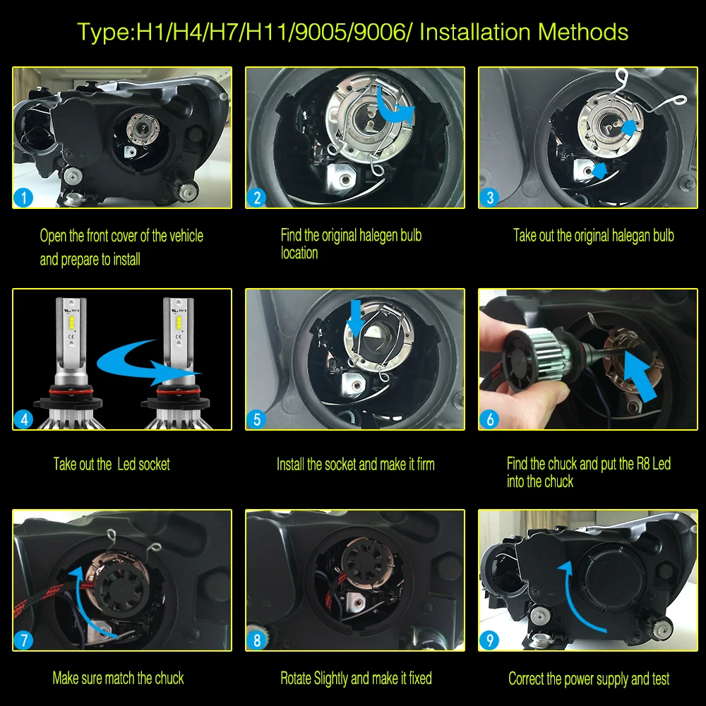 2 шт. Автомобильные светодиодные фары H1 H7 H8/H9/H11 HB3/9005/H10 HB4/9006 H4/9003/HB2 лм