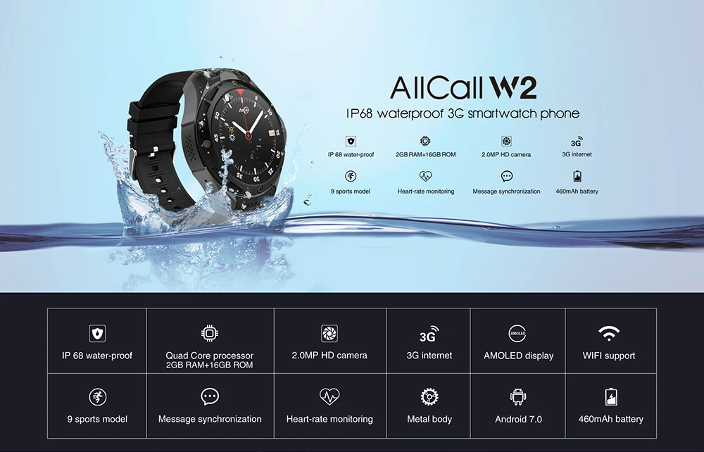 Смарт-часы ALLCALL W2 3G мужские 16 ГБ + 2 Гб камера Мп экран 1 39 дюйма AMOLED наноsim Wi-Fi Bluetooth 4 0