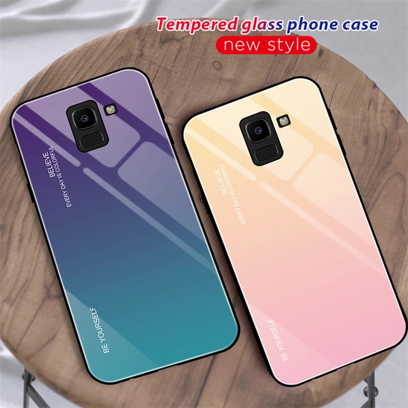 Tempered Glass Hard Phone Case For Samsung Galaxy J4 J6 Plus J8 2018 Gradient TPU Cover Glossy | Мобильные телефоны и