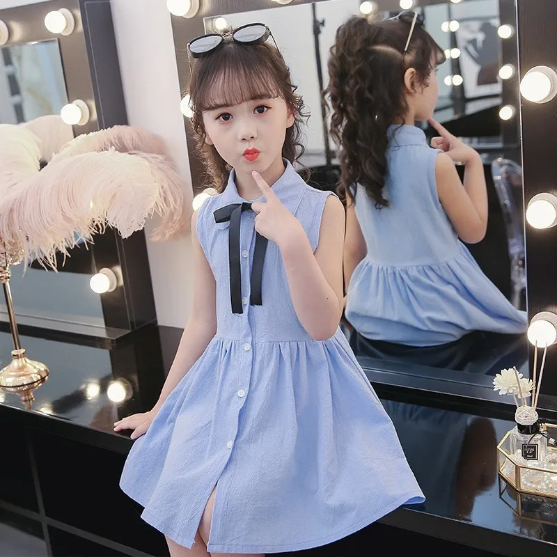 Bow School Children Dresses Kids Baby Shirts Summer Dress Girl Button Pink Blue Girls Teenagers Clothing Turn Down Collar 2019 | Детская