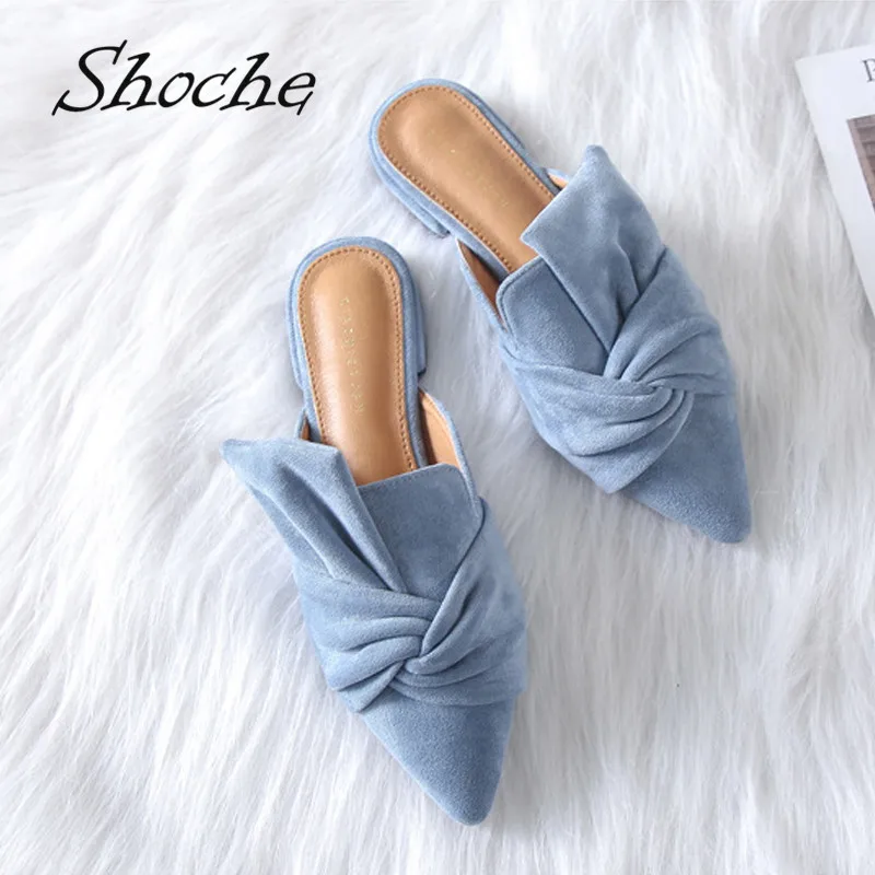 Shoche/женские туфли без задника из флока; женская обувь на низком каблуке; модные летние туфли-лодочки с острым носком; цвет синий, черный; туфли без задника большого размера плюс