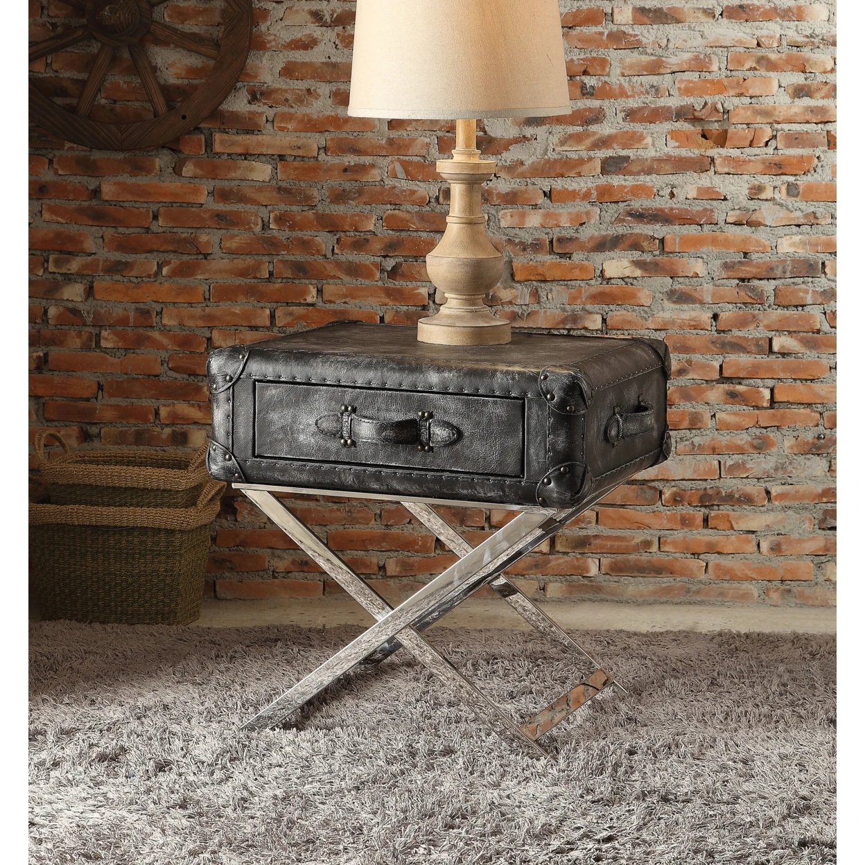 Столик в стиле Абердин винтажный черный топ из зернистой кожи|Приставной столик|