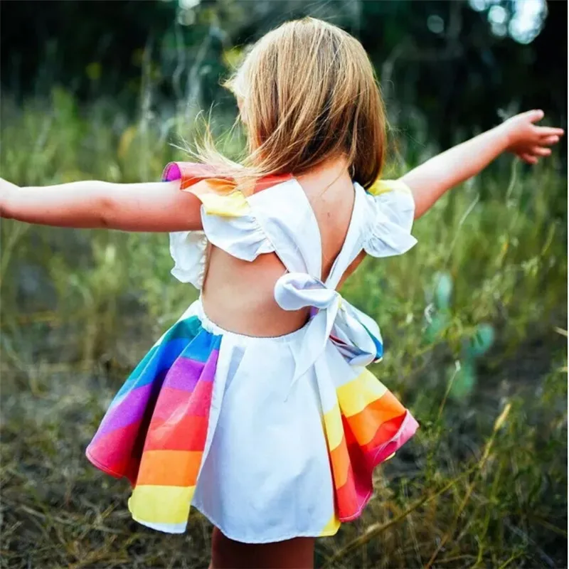 1-5Y Fashion Girls Princess colorful rainbow bodysuit Dress cotton kids dresses for girls Party Pageant Back Bow Tutu Dresses | Детская