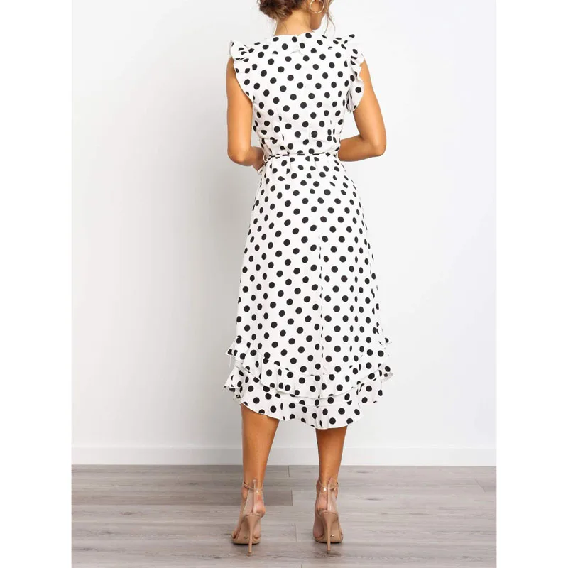 Сексуальное летнее женское платье вечерние Пляжное миди в горошек белое бохо